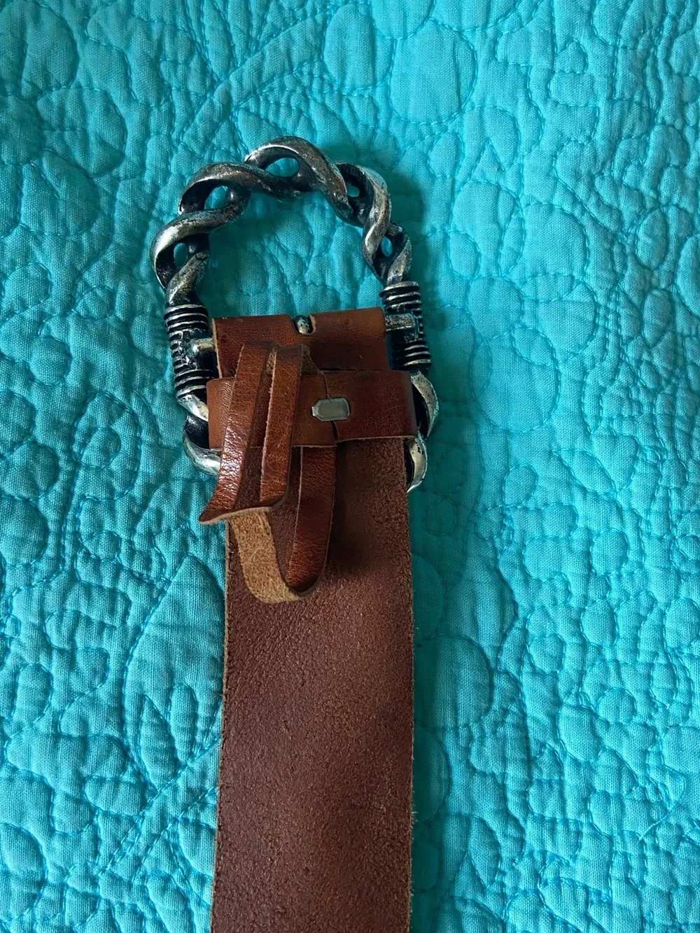 Brown Leather Women's Belt with Decorative Silver-Tone Chain Buckle
